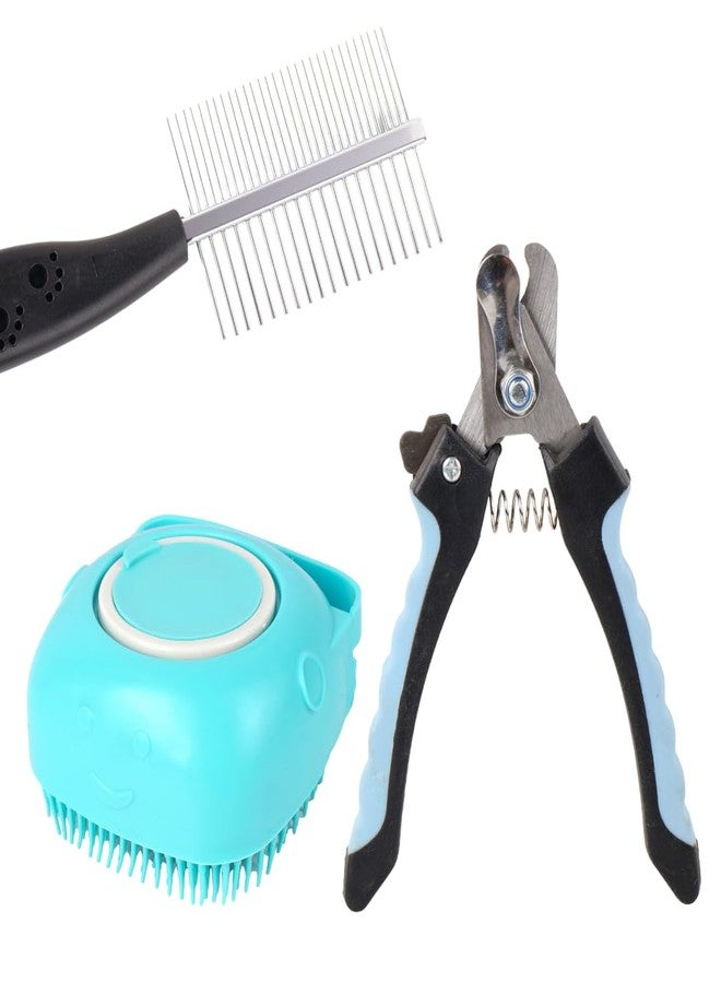 مجموعة العناية الاحترافية بالكلاب من بيت جرومر، مجموعة من 3 قطع مع مشط معدني، مقص أظافر وفرشاة سيليكون، باللونين الفيروزي والأسود، لإزالة شعر الحيوانات الأليفة والعناية بالأظافر (عبوة من 3 قطع) - Image 1